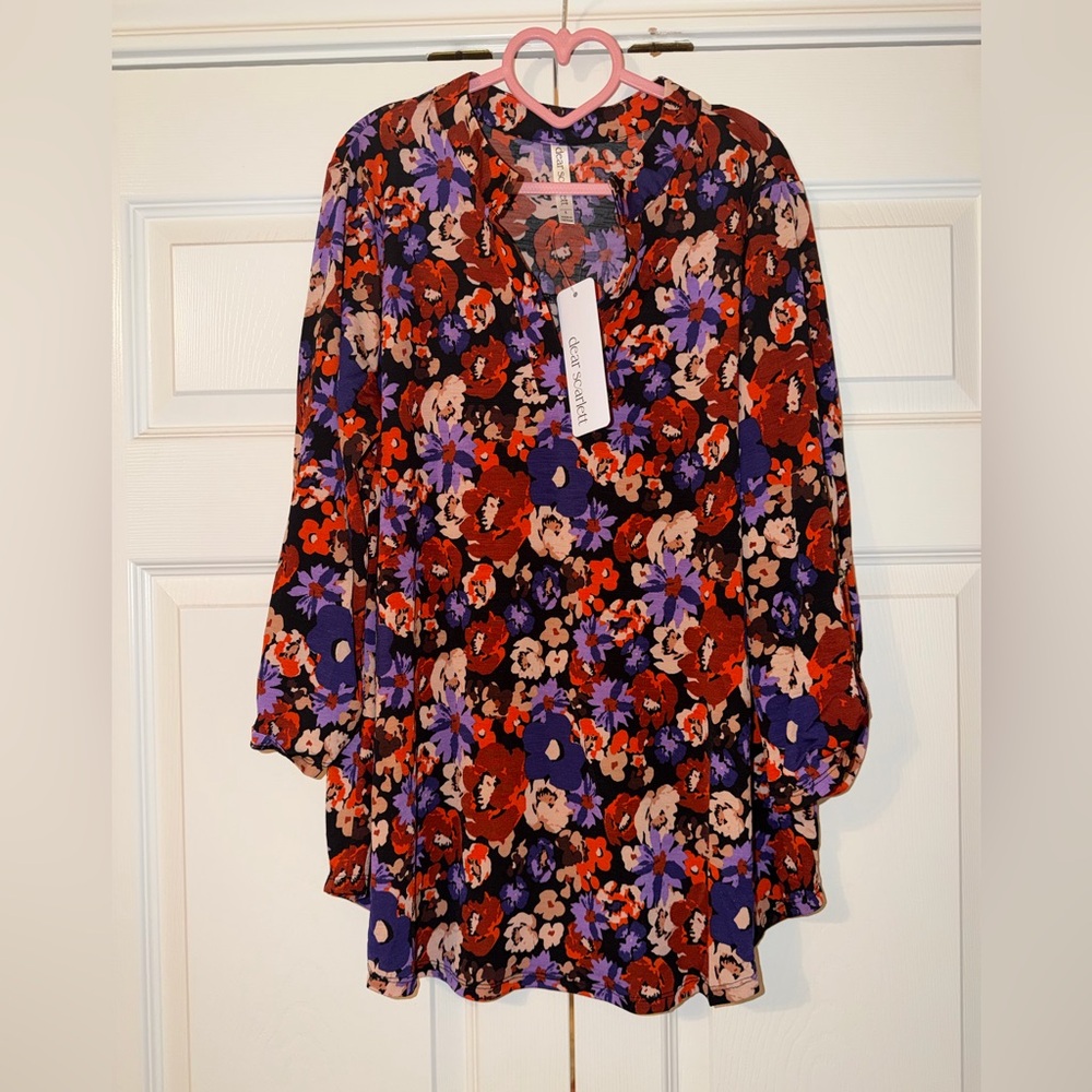 Dear Scarlett Floral V-Neck Blouse in Red, Purple & Black